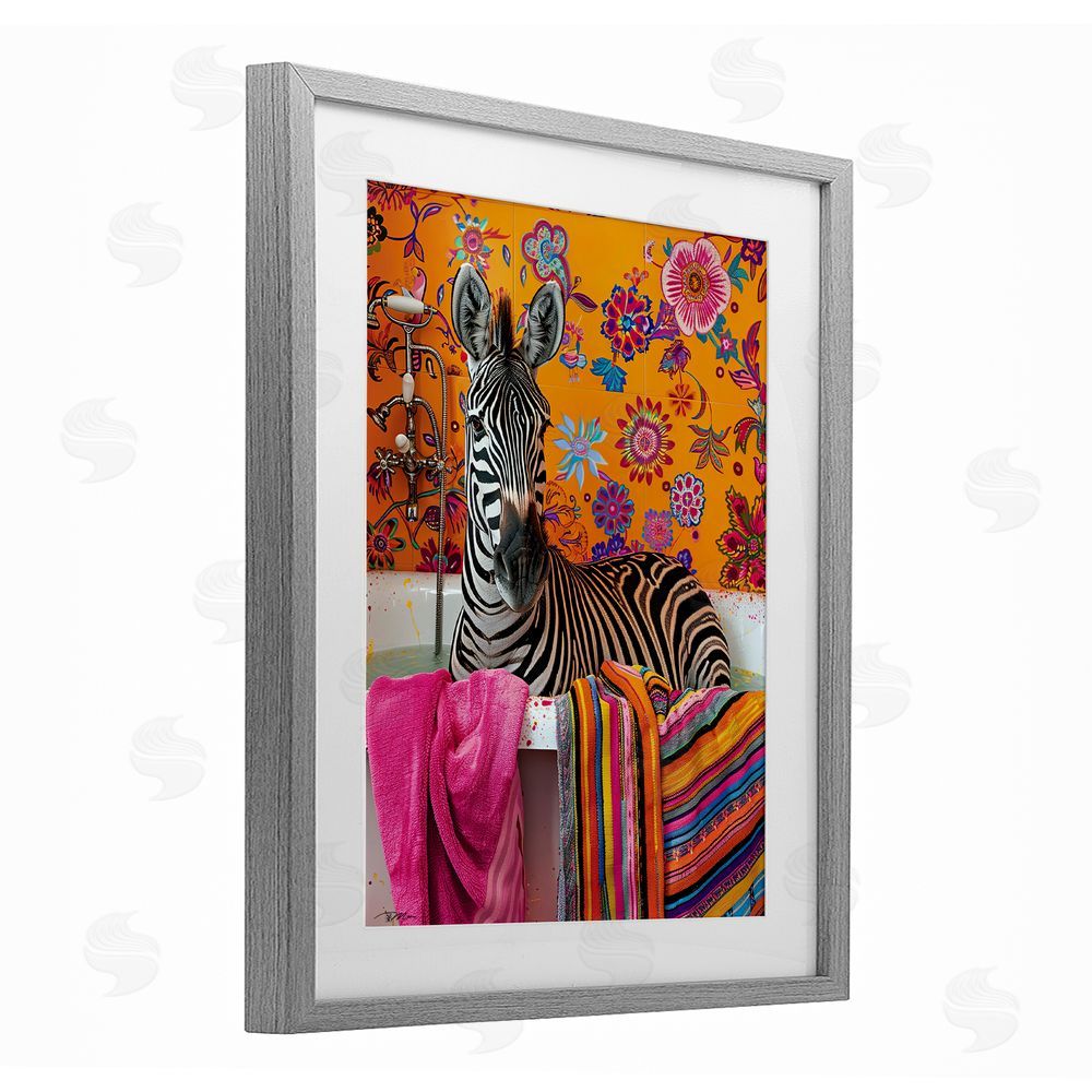 Momart Zebra Bath with Colorful Towel Gray Framed Print Under Glass Wall Art