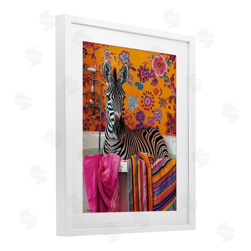 Momart Zebra Bath with Colorful Towel White Framed Print Under Glass Wall Art