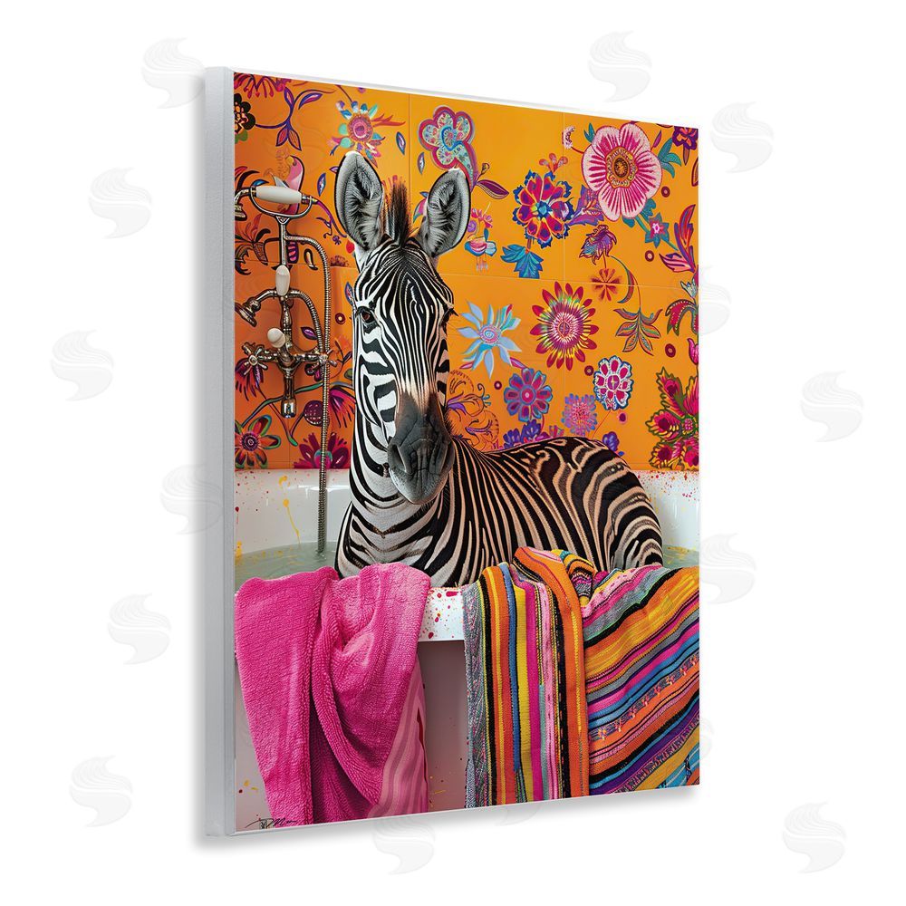 Momart Zebra Bath with Colorful Towel Wooden Wall Plaque Art Print