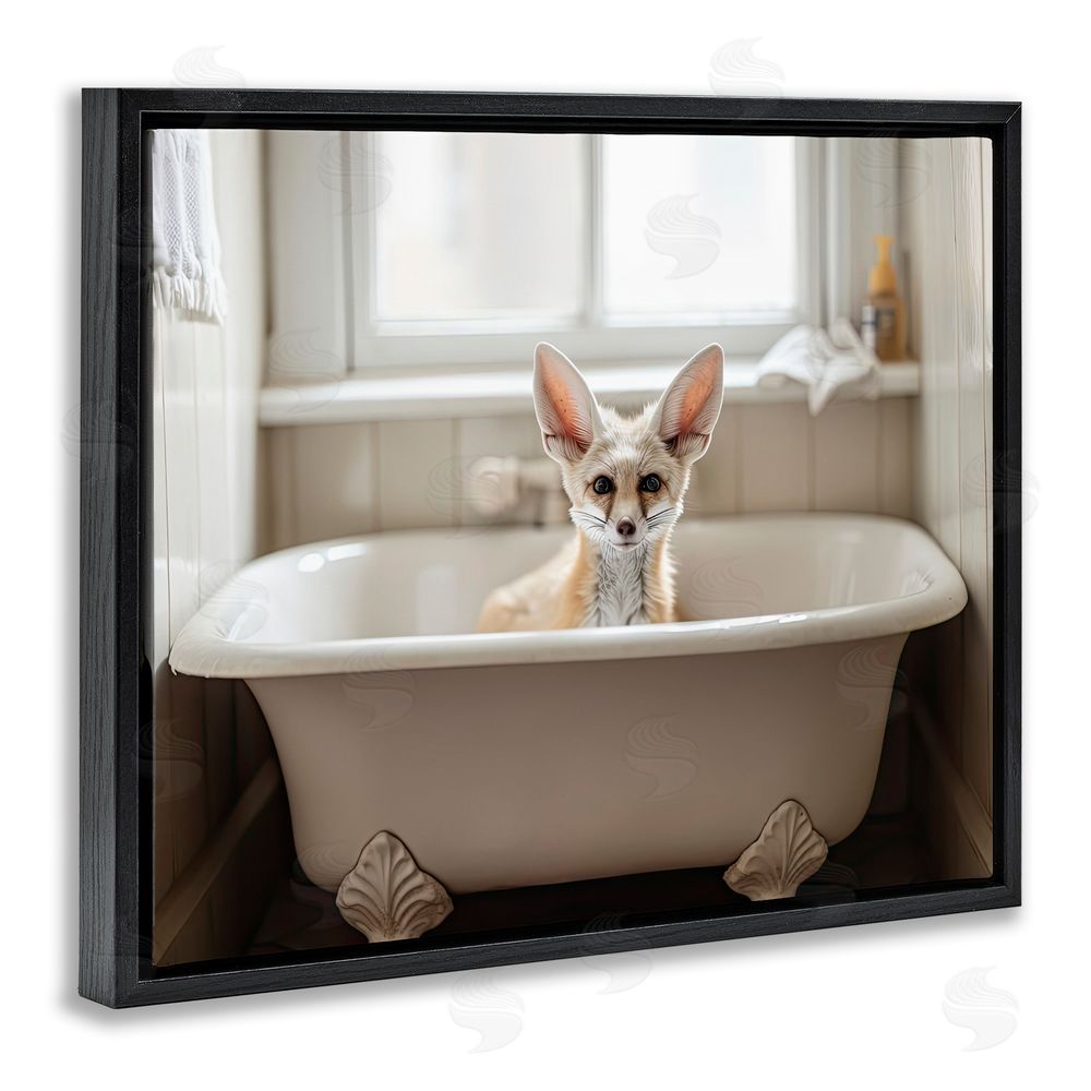 Sasha Big Ear Fox Bath Time Black Floating Frame Canvas Wall Art Print
