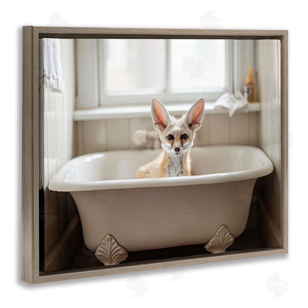 Sasha Big Ear Fox Bath Time Brown Floating Frame Canvas Wall Art Print