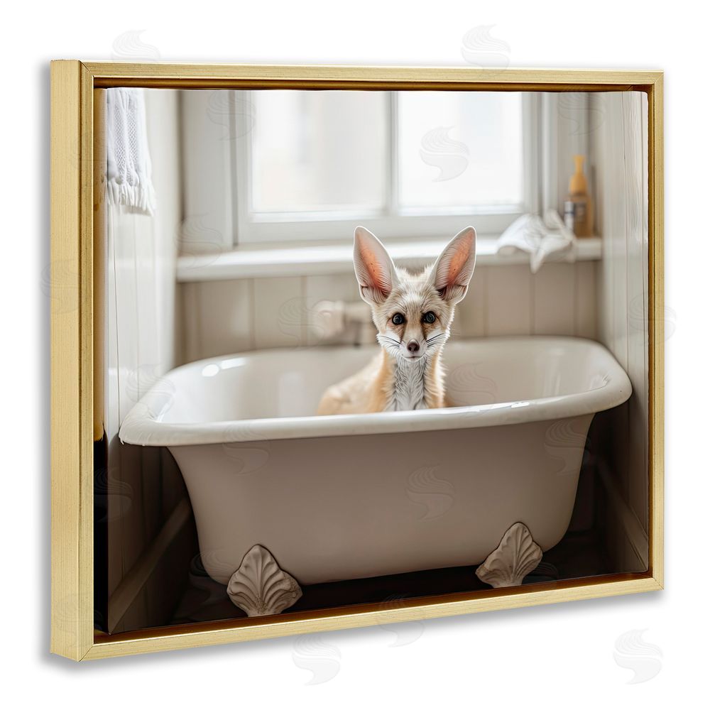 Sasha Big Ear Fox Bath Time Gold Floating Frame Canvas Wall Art Print
