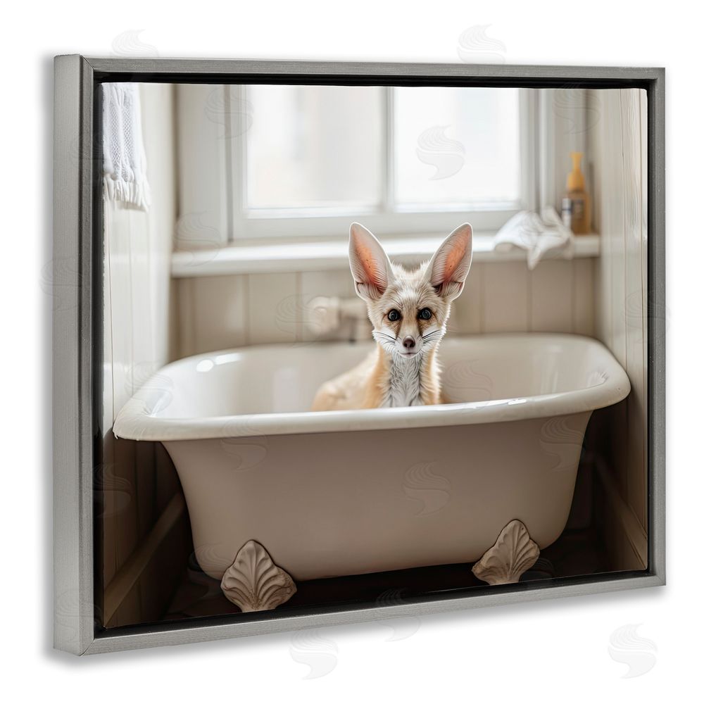 Sasha Big Ear Fox Bath Time Gray Floating Frame Canvas Wall Art Print