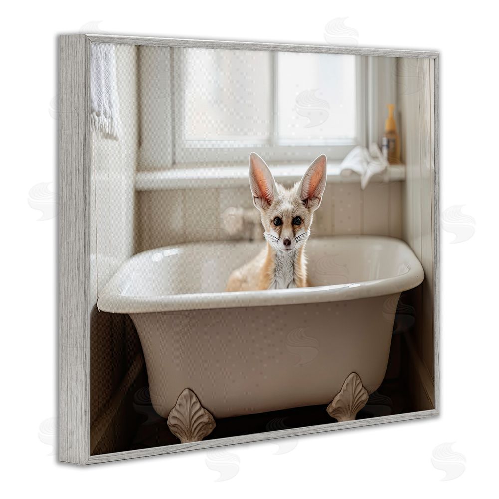Sasha Big Ear Fox Bath Time Gray Framed Giclee Wall Art Print