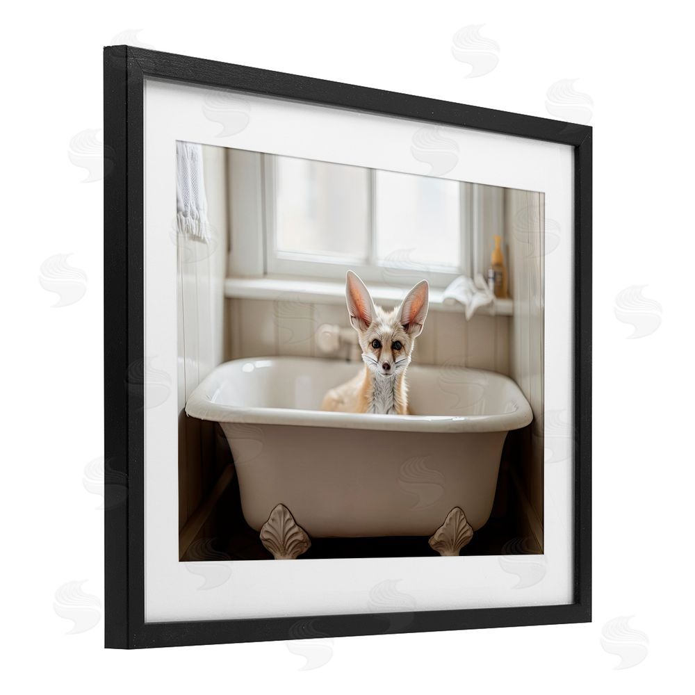 Sasha Big Ear Fox Bath Time Black Framed Print Under Glass with White Mat Wall Art