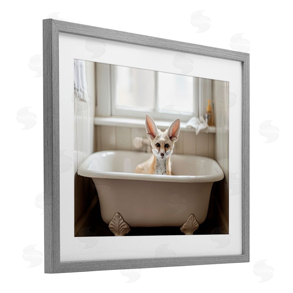 Sasha Big Ear Fox Bath Time Gray Framed Print Under Glass with White Mat Wall Art