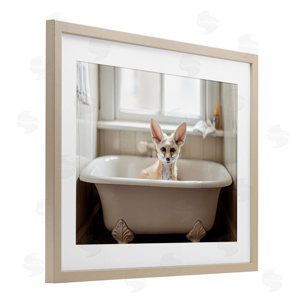 Sasha Big Ear Fox Bath Time Birch Framed Print Under Glass with White Mat Wall Art