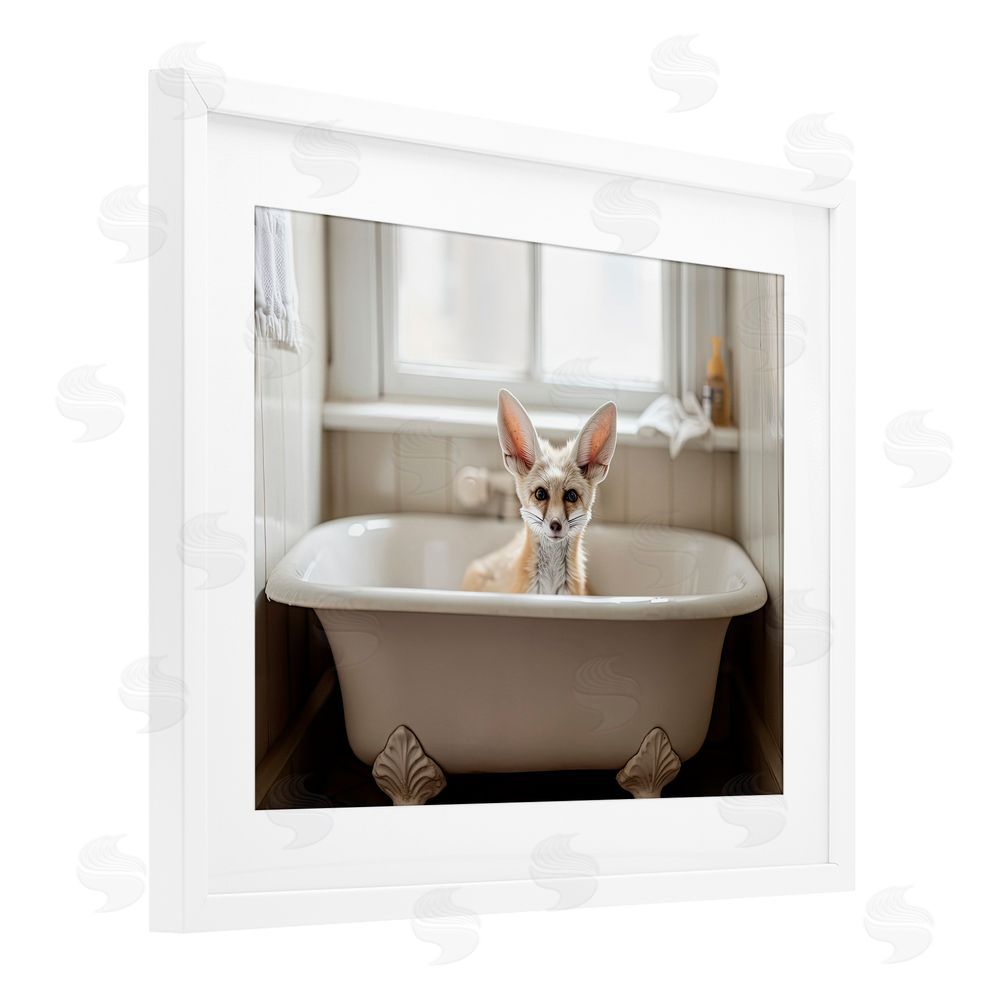 Sasha Big Ear Fox Bath Time White Framed Print Under Glass with Mat Wall Art
