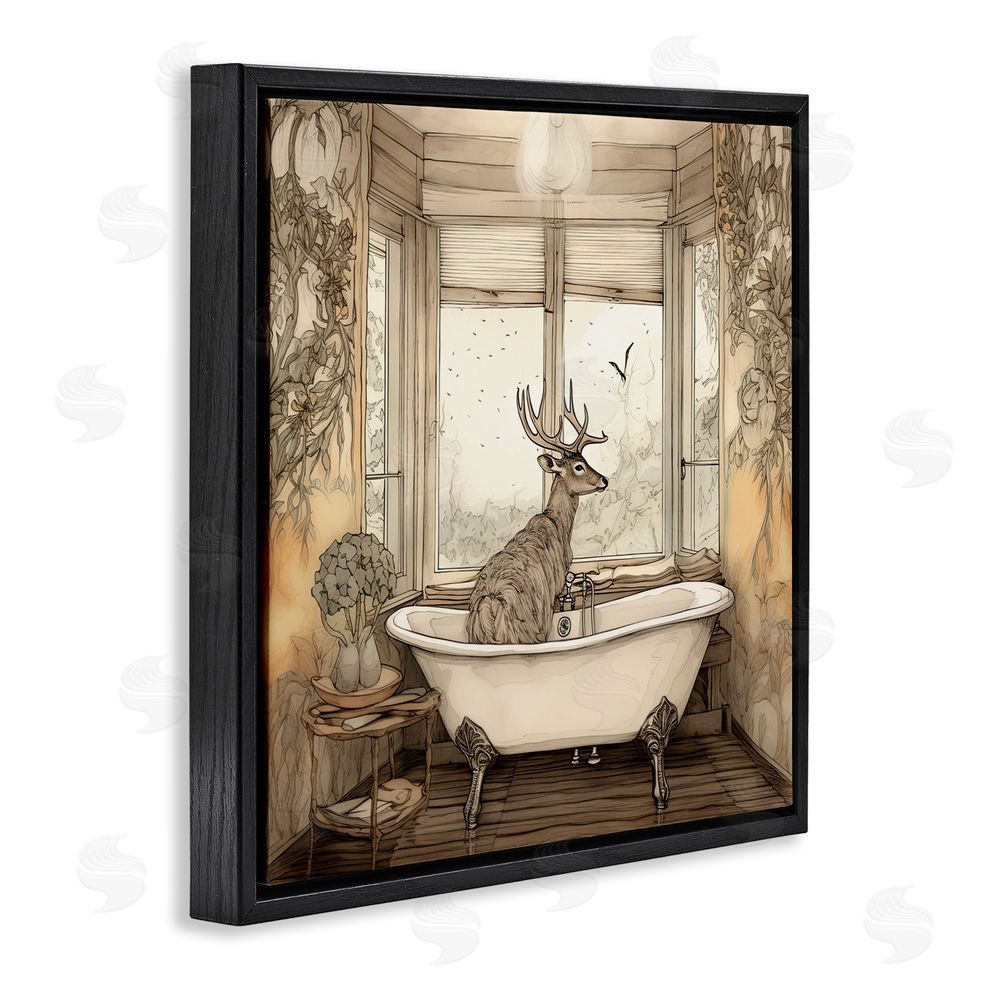 Sasha Buck with Antlers Bath Time Black Floating Frame Canvas Wall Art Print