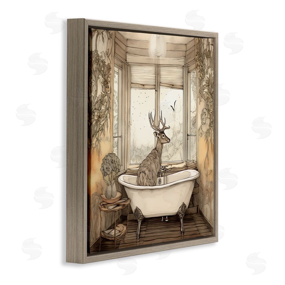 Sasha Buck with Antlers Bath Time Brown Floating Frame Canvas Wall Art Print