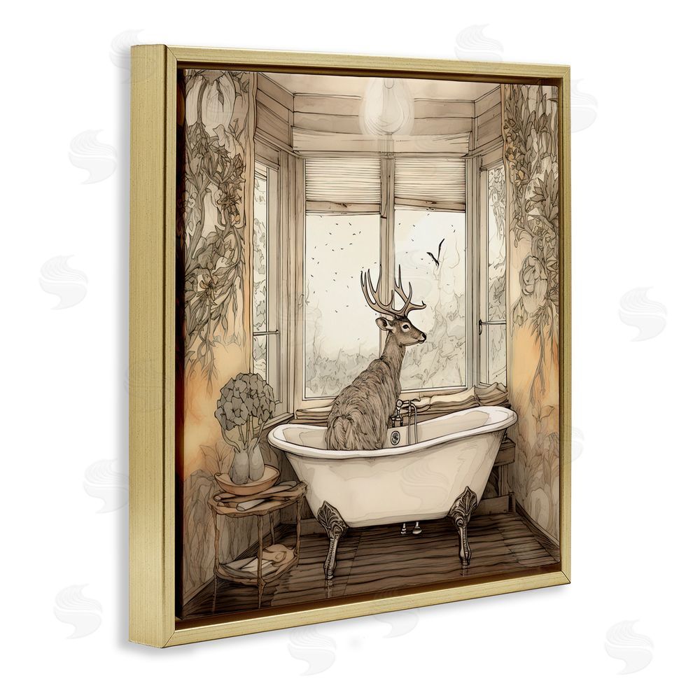 Sasha Buck with Antlers Bath Time Gold Floating Frame Canvas Wall Art Print
