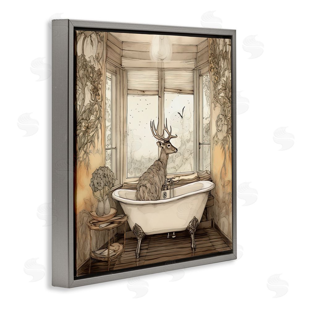 Sasha Buck with Antlers Bath Time Gray Floating Frame Canvas Wall Art Print