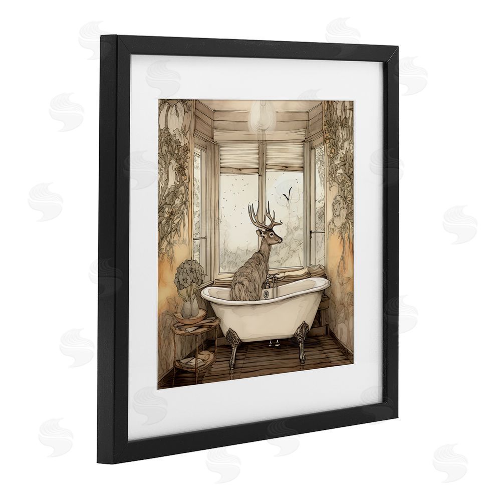 Sasha Buck with Antlers Bath Time Black Framed Print Under Glass with White Mat Wall Art