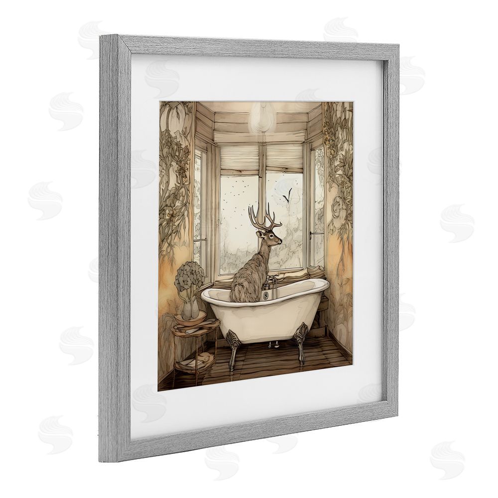 Sasha Buck with Antlers Bath Time Gray Framed Print Under Glass with White Mat Wall Art