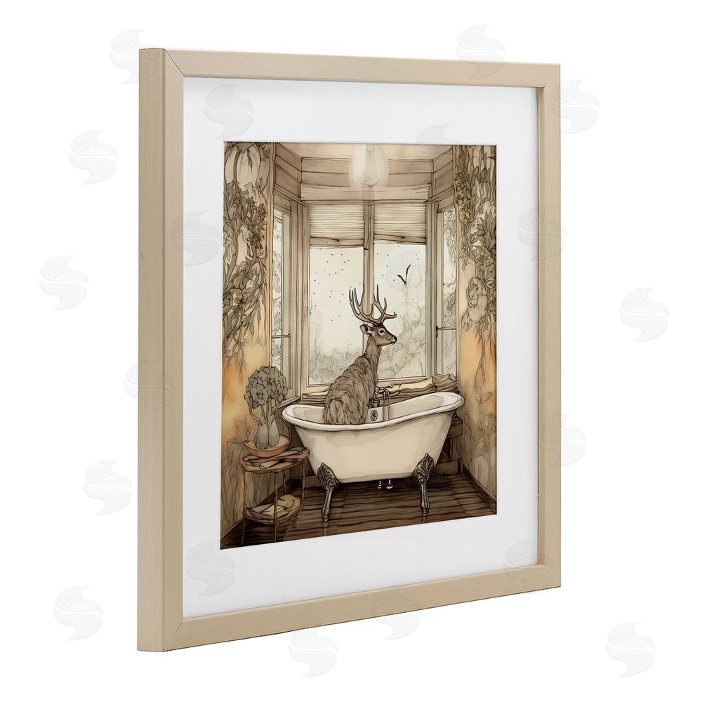Sasha Buck with Antlers Bath Time Birch Framed Print Under Glass with White Mat Wall Art
