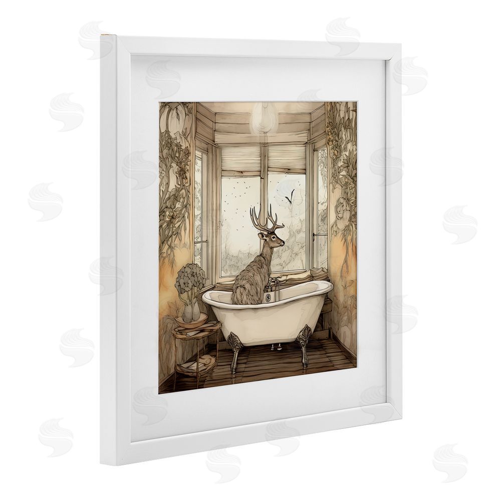 Sasha Buck with Antlers Bath Time White Framed Print Under Glass with Mat Wall Art