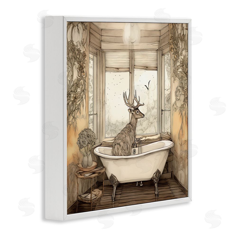 Sasha Buck with Antlers Bath Time White Framed Giclee Wall Art Print