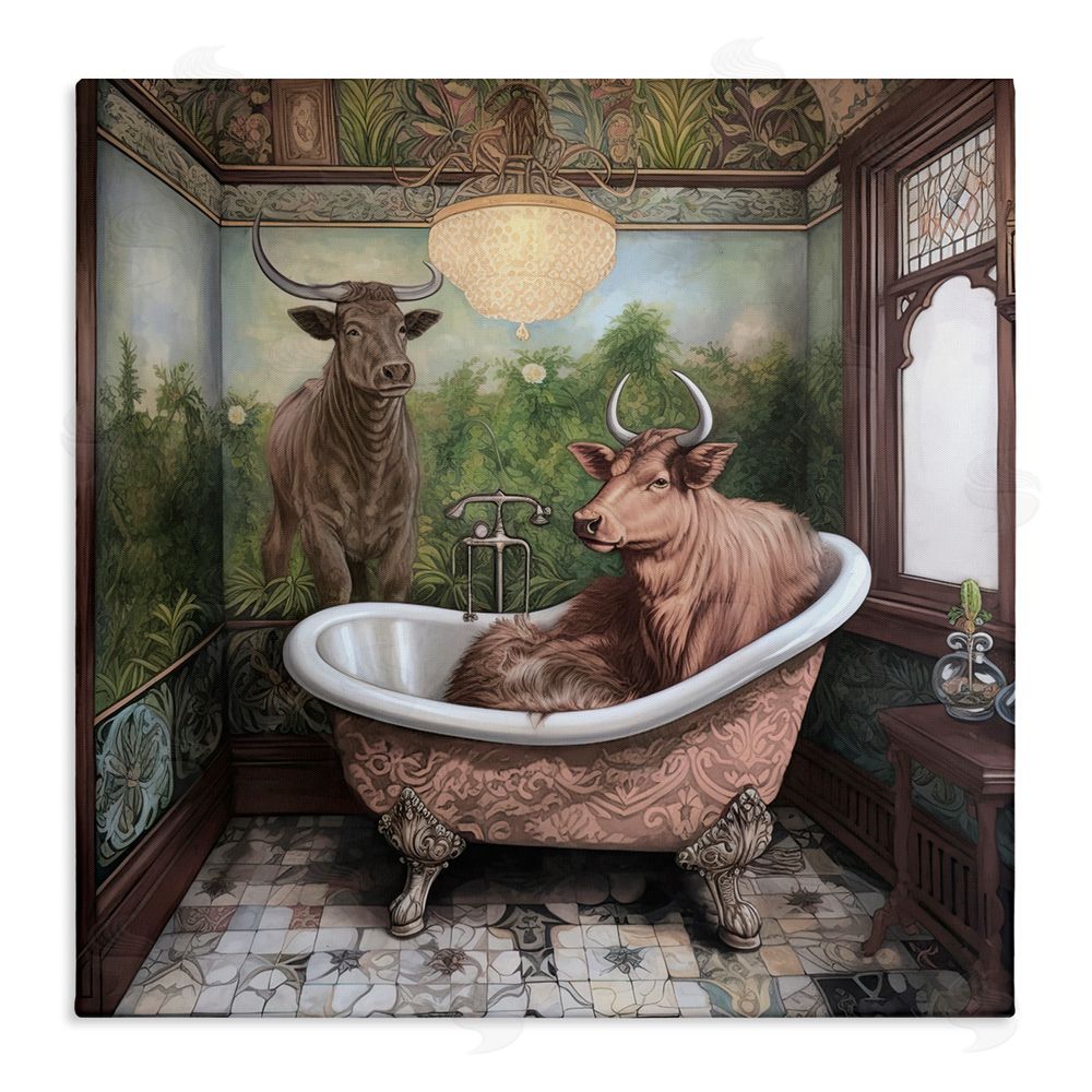 Sasha Longhorn Cattle Bath Time Tub Canvas Wall Art Print
