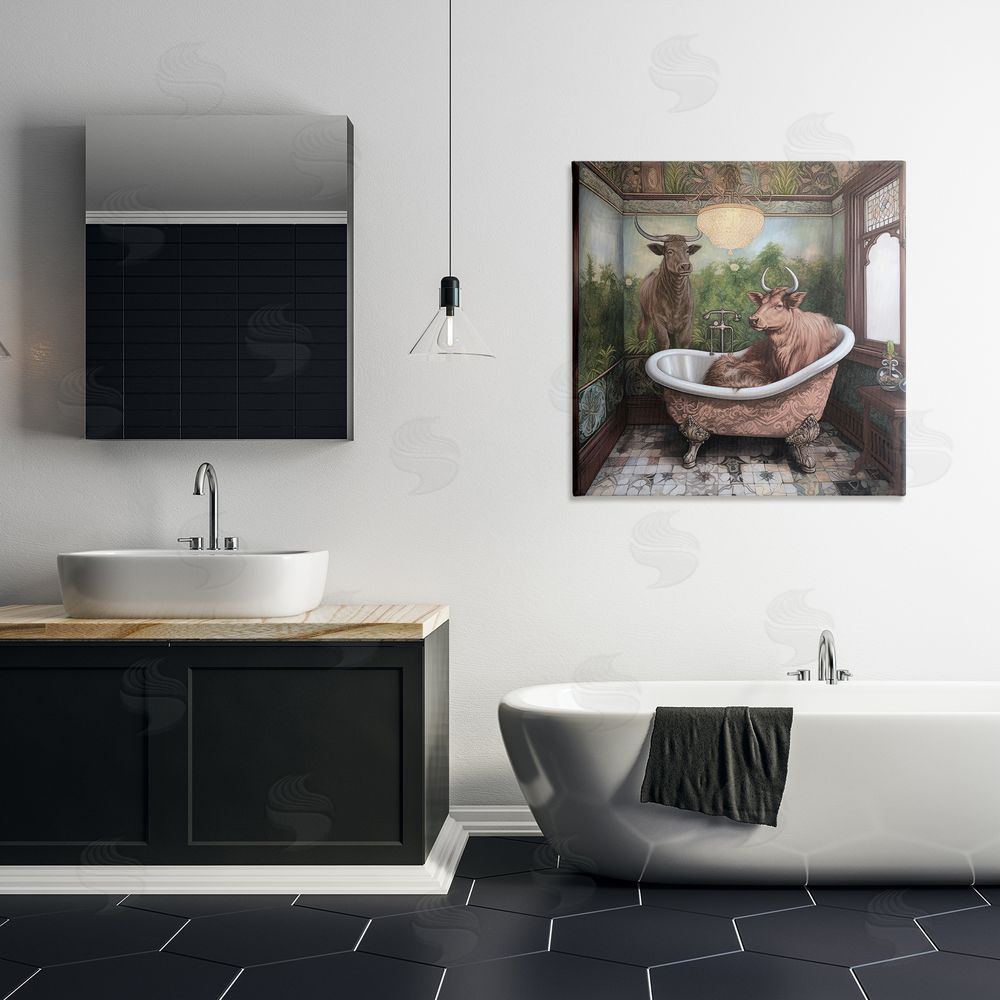 Sasha Longhorn Cattle Bath Time Tub Canvas Art on Wall