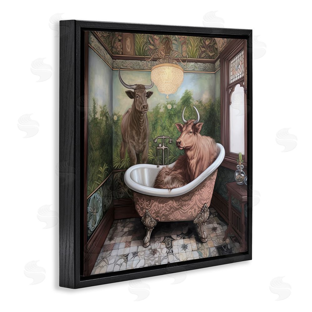 Sasha Longhorn Cattle Bath Time Tub Black Floating Frame Canvas Wall Art Print
