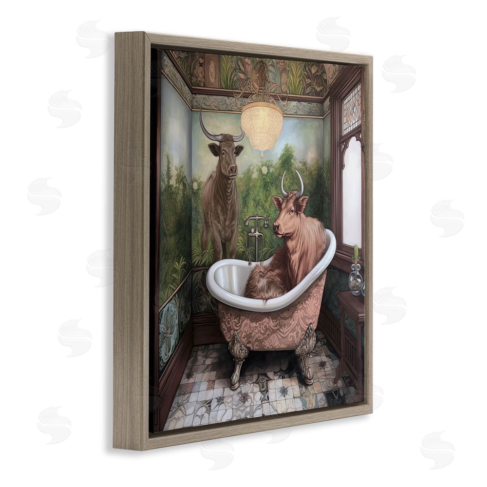 Sasha Longhorn Cattle Bath Time Tub Brown Floating Frame Canvas Wall Art Print
