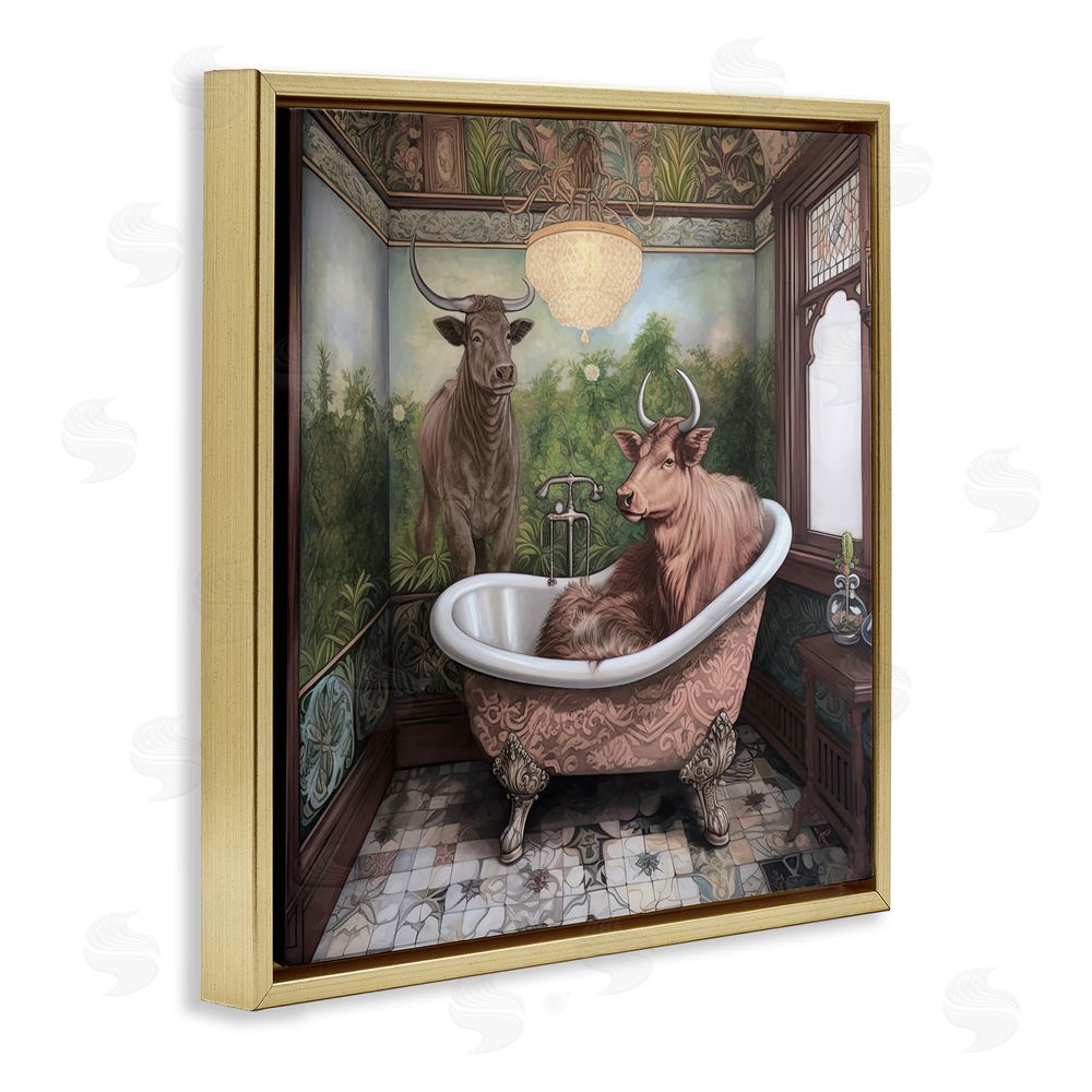 Sasha Longhorn Cattle Bath Time Tub Gold Floating Frame Canvas Wall Art Print