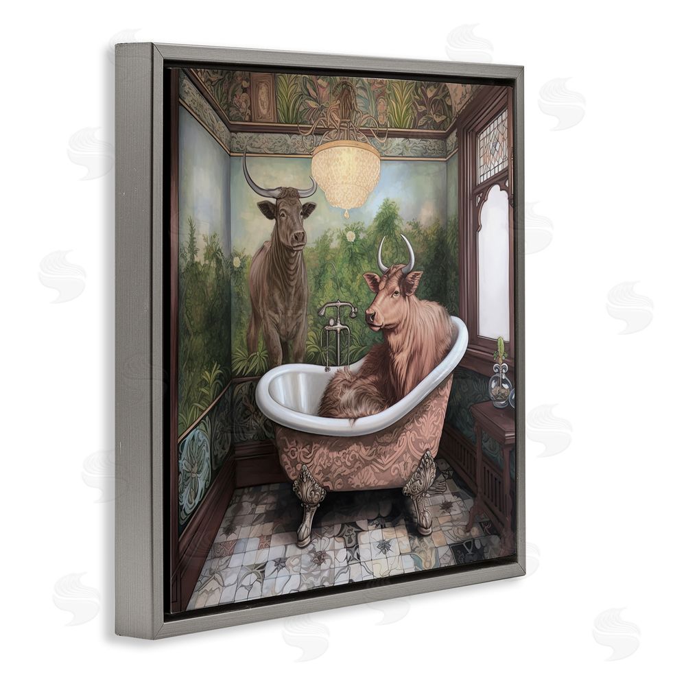 Sasha Longhorn Cattle Bath Time Tub Gray Floating Frame Canvas Wall Art Print