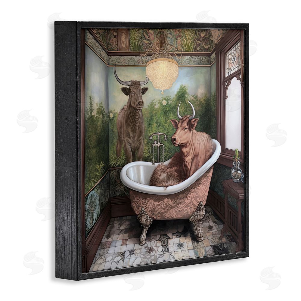 Sasha Longhorn Cattle Bath Time Tub Black Framed Giclee Wall Art Print