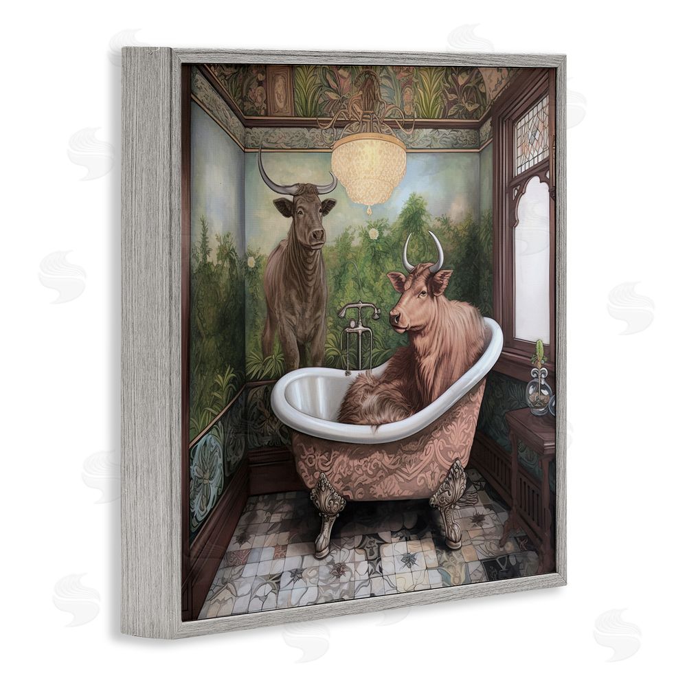 Sasha Longhorn Cattle Bath Time Tub Gray Framed Giclee Wall Art Print