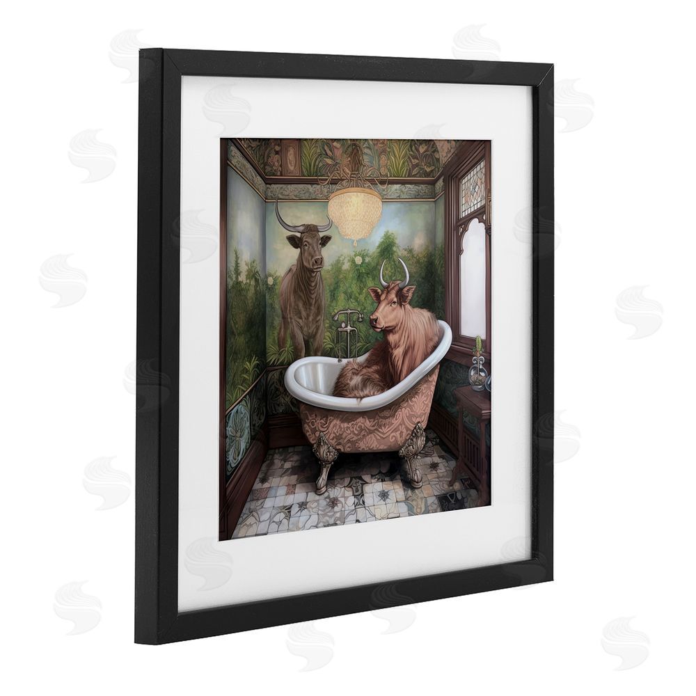 Sasha Longhorn Cattle Bath Time Tub Black Framed Print Under Glass with White Mat Wall Art