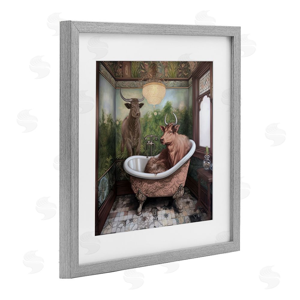 Sasha Longhorn Cattle Bath Time Tub Gray Framed Print Under Glass with White Mat Wall Art