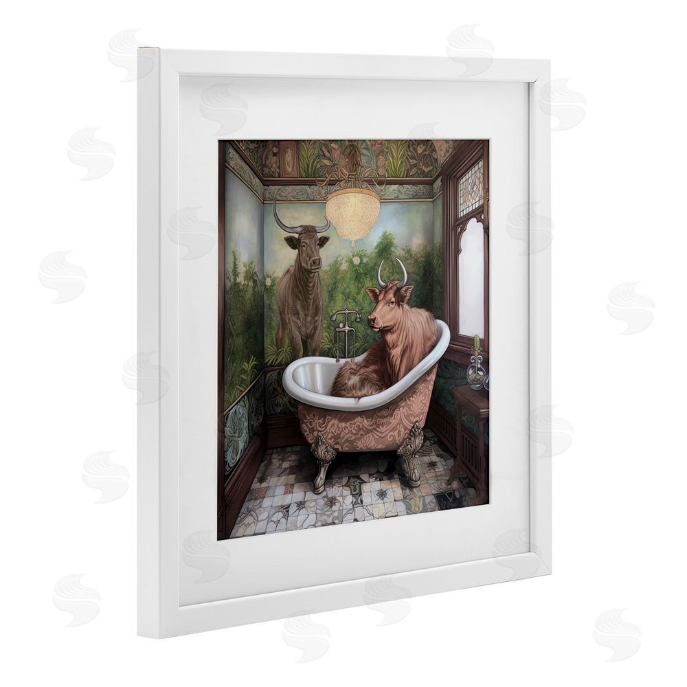 Sasha Longhorn Cattle Bath Time Tub White Framed Print Under Glass with Mat Wall Art