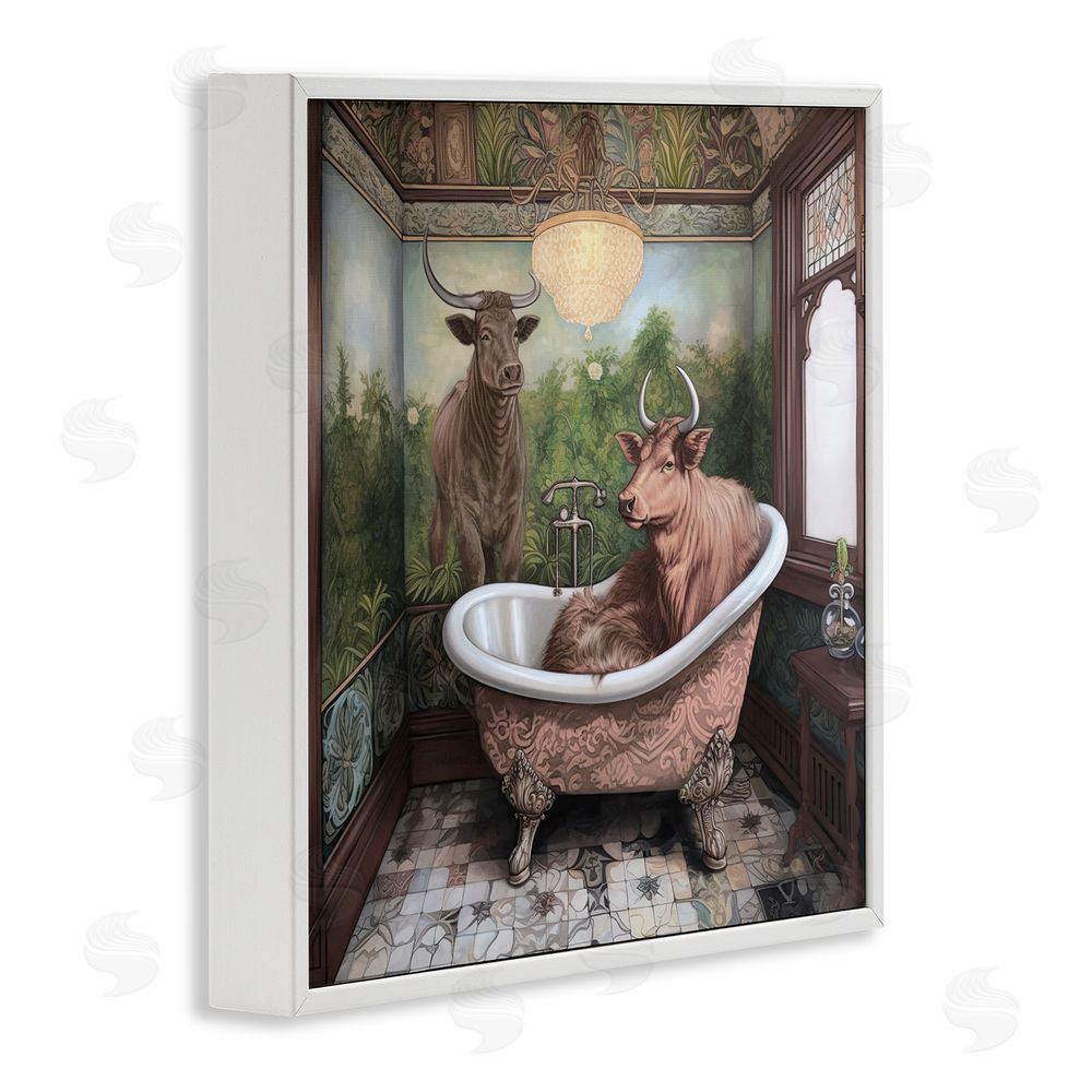 Sasha Longhorn Cattle Bath Time Tub White Framed Giclee Wall Art Print