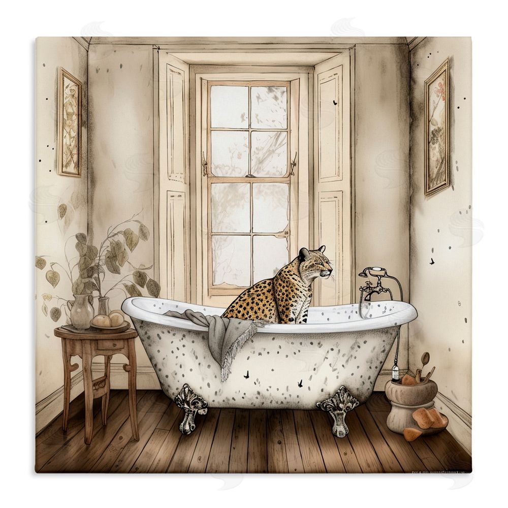 Sasha Neutral Leopard Bathtime Stretched Canvas Wall Art Print