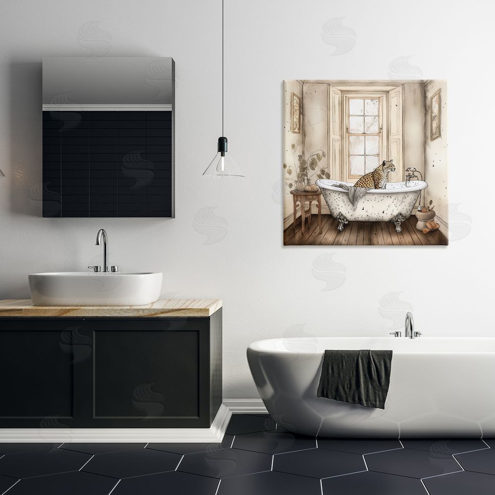 Sasha Neutral Leopard Bathtime Stretched Canvas Wall Art Print in Room