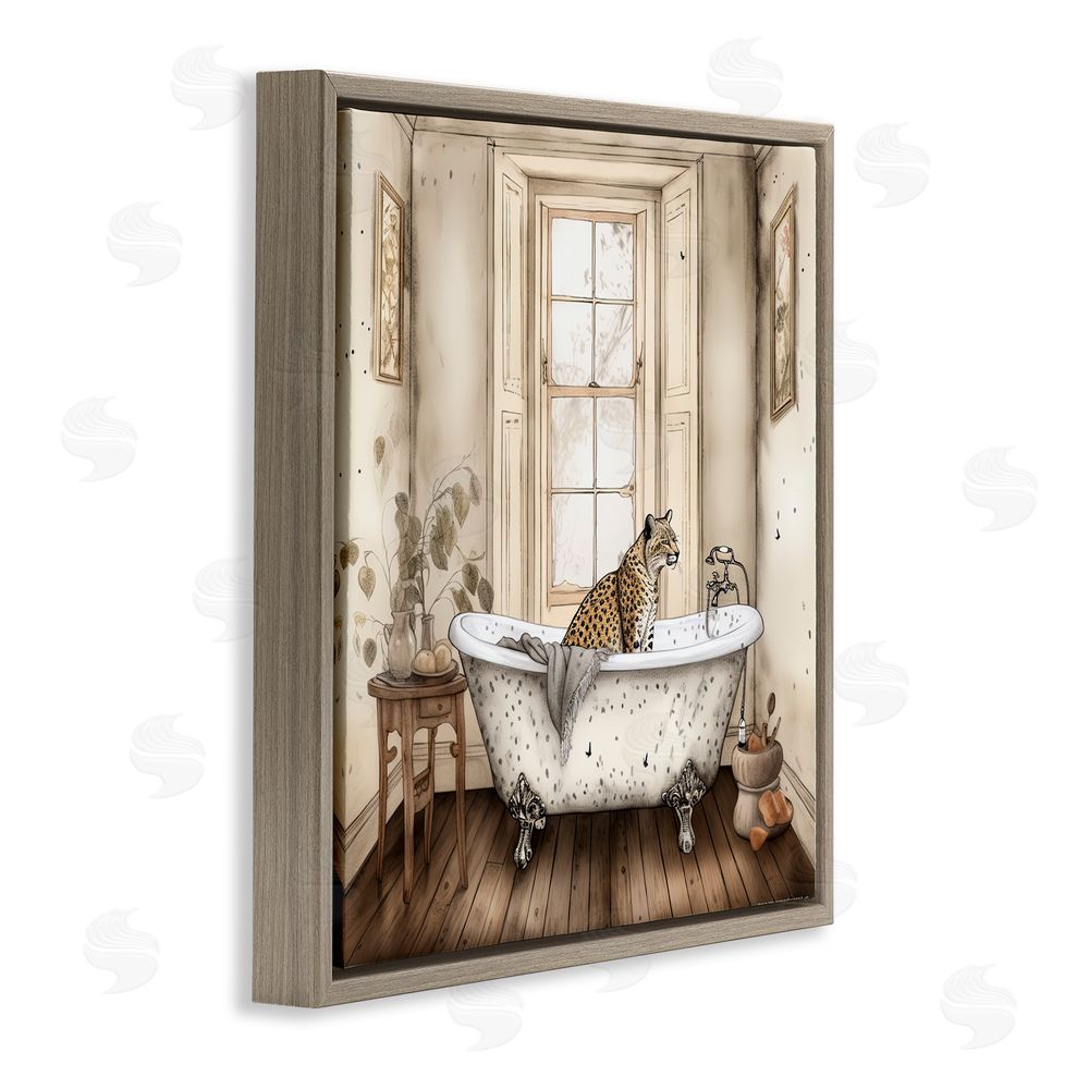 Sasha Neutral Leopard Bathtime Brown Floating Frame Canvas Wall Art Print