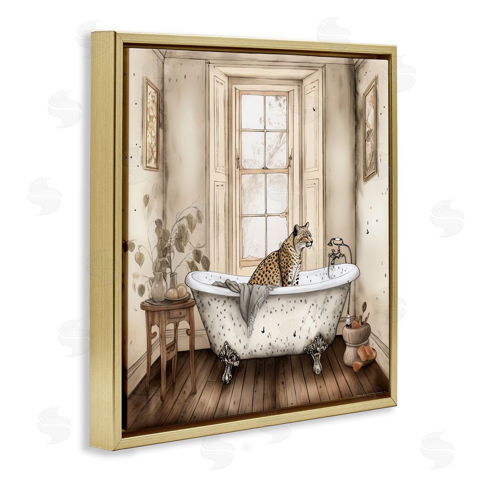 Sasha Neutral Leopard Bathtime Gold Floating Frame Canvas Wall Art Print