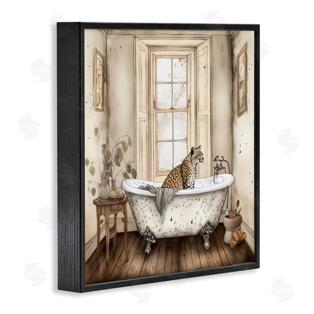Sasha Neutral Leopard Bathtime Black Framed Giclee Print Wall Art