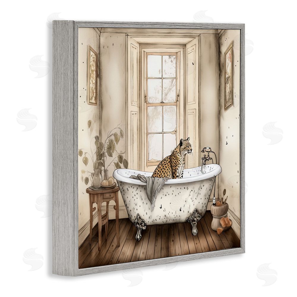 Sasha Neutral Leopard Bathtime Gray Framed Giclee Print Wall Art