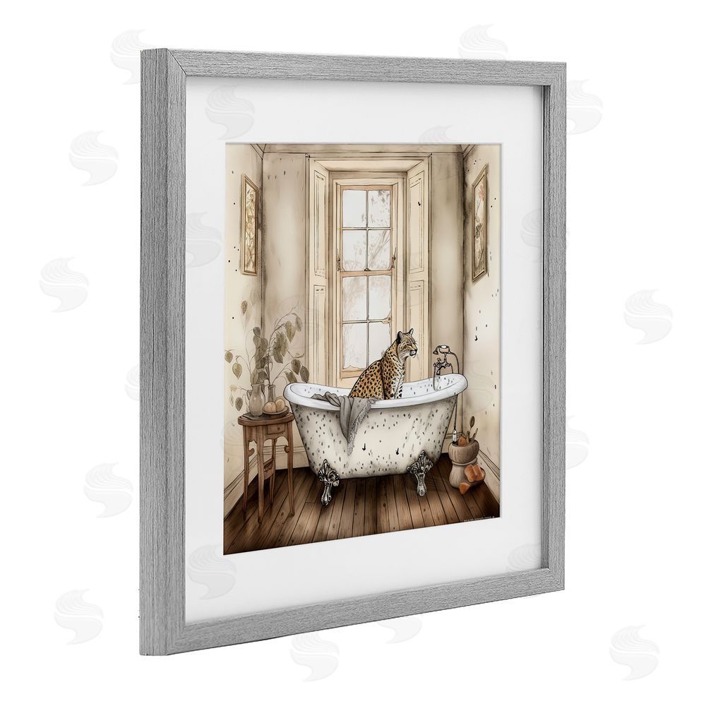 Sasha Neutral Leopard Bathtime Gray Framed Print Under Glass Wall Art