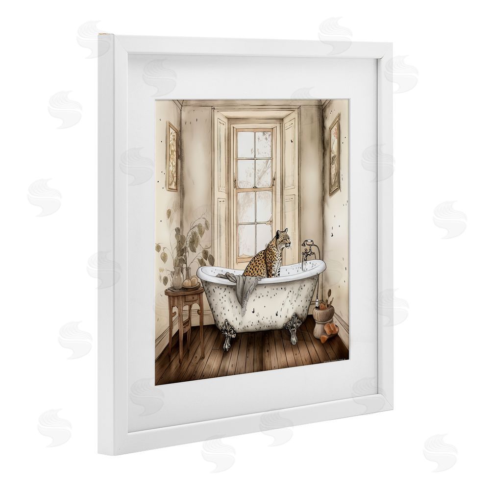 Sasha Neutral Leopard Bathtime White Framed Print Under Glass Wall Art
