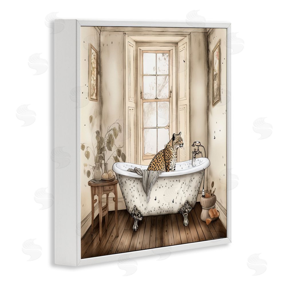 Sasha Neutral Leopard Bathtime White Framed Giclee Print Wall Art
