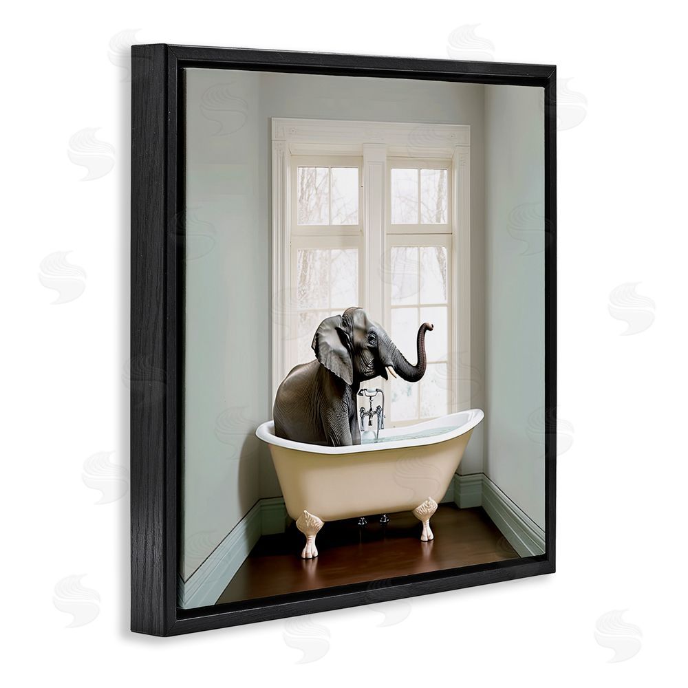 Sasha Minimal Elephant Bathtime Black Floating Frame Canvas Wall Art Print