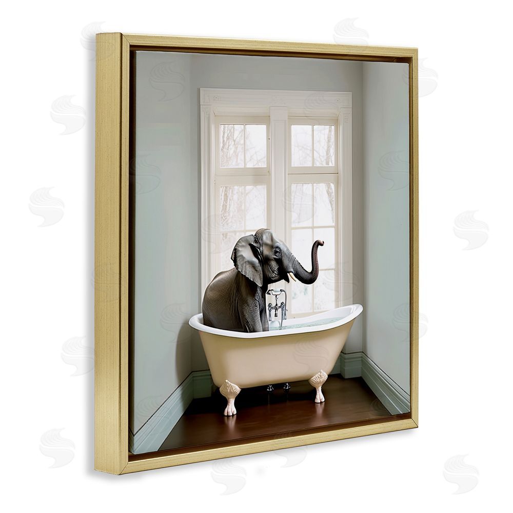 Sasha Minimal Elephant Bathtime Gold Floating Frame Canvas Wall Art Print