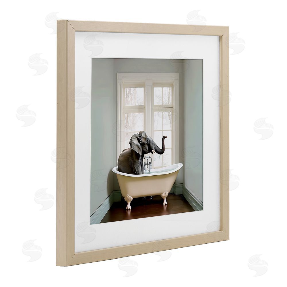Sasha Minimal Elephant Bathtime Brown Framed Print Under Glass Wall Art