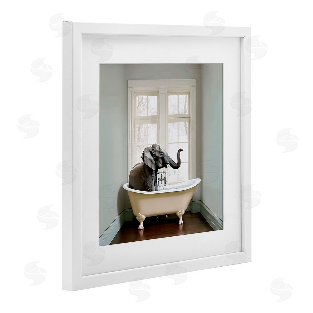 Sasha Minimal Elephant Bathtime White Framed Print Under Glass Wall Art