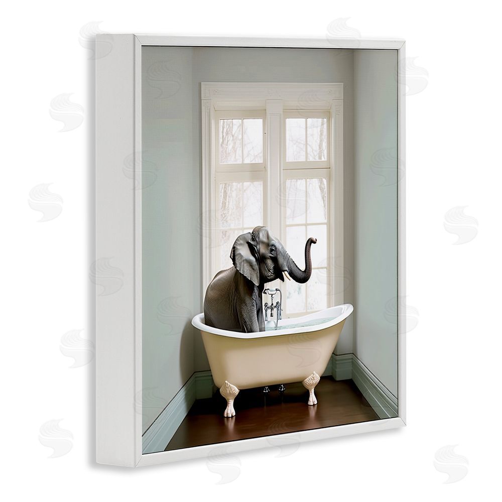 Sasha Minimal Elephant Bathtime White Framed Giclee Print Wall Art