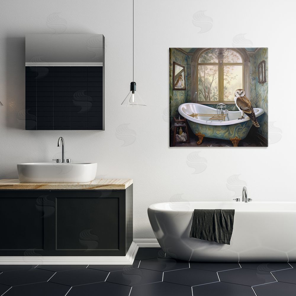 Sasha Paisley Patterned Owl Bathtime Stretched Canvas Wall Art Print in Room