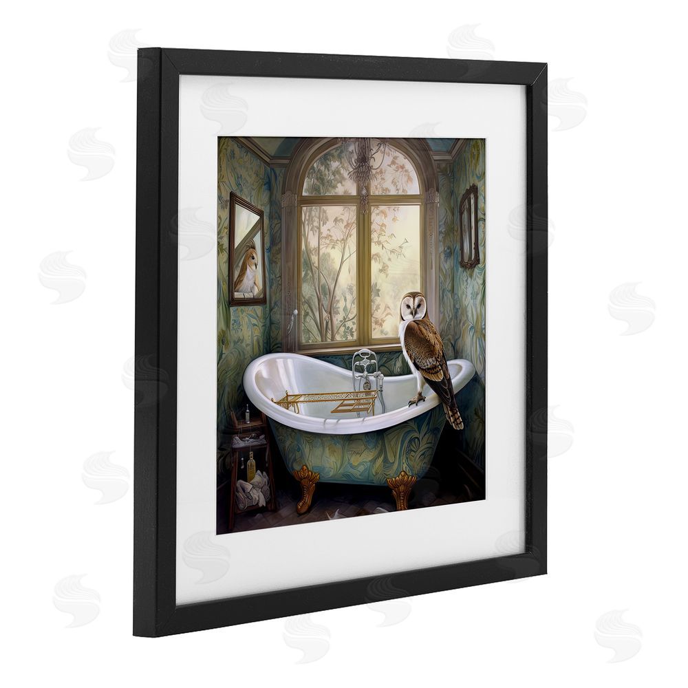 Sasha Paisley Patterned Owl Bathtime Black Framed Print Under Glass Wall Art