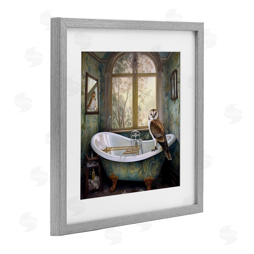 Sasha Paisley Patterned Owl Bathtime Gray Framed Print Under Glass Wall Art